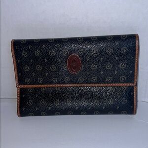 Pollini Black Monogram Leather Wallet with Brown Trim